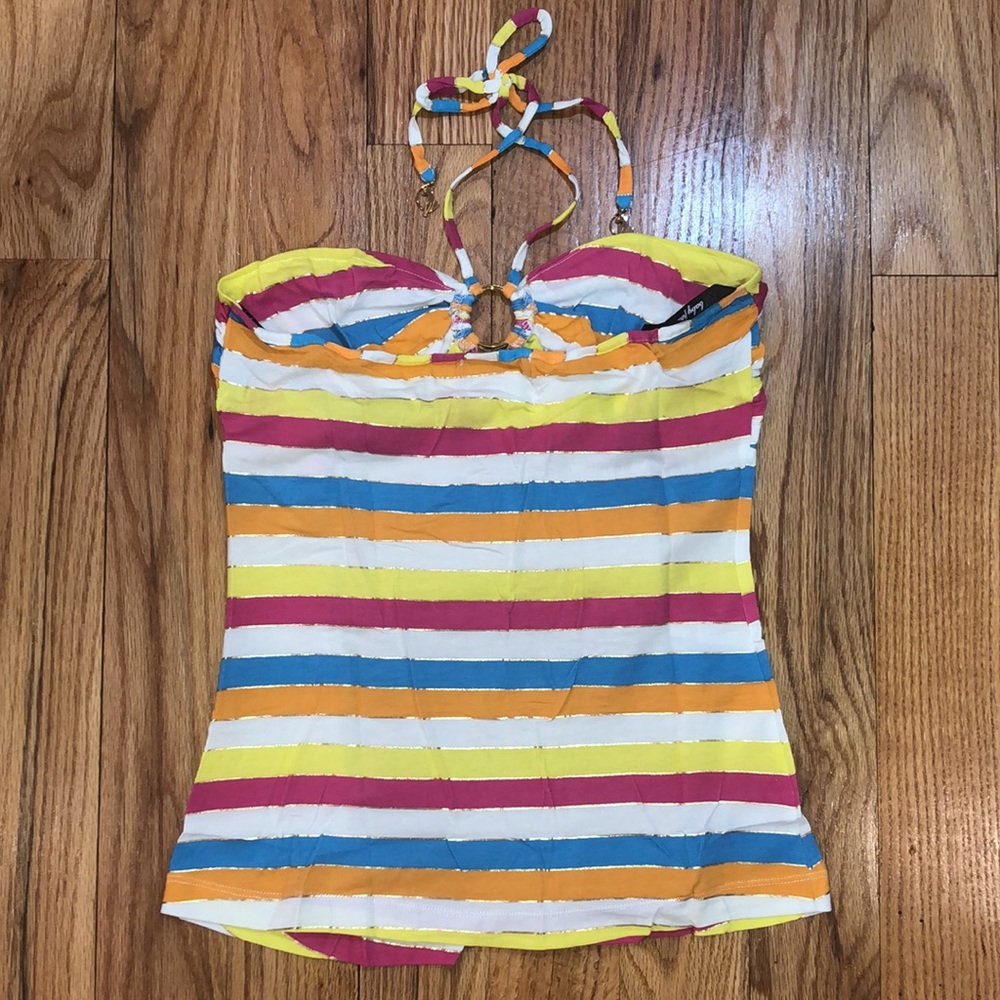 NEW Baby Phat Y2K Rainbow stripe Rhinestone Cat Keyhole Halter L / XL - Picture 12 of 15